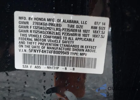 2015 Honda Pilot Ex-L z USA, uszkodzony, nr VIN 5FNYF4H74FB009949